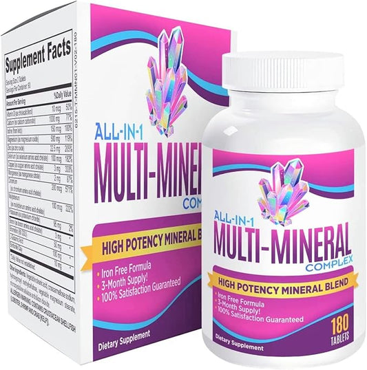 3-Month Multimineral Supplement Iron Free (All-in-1 Formula) Multi Mineral Complex - Trace Minerals - Mineral Supplements - High Potency Multiminerals - 180 Tablets