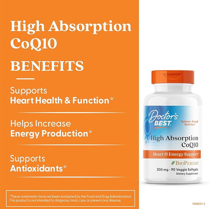 Doctor's Best High Absorption CoQ10 with BioPerine, Heart Health & Energy Production, Naturally Fermented, Vegetarian, Gluten Free, 300 mg, 90 Veggie Softgels
