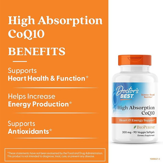 Doctor's Best High Absorption CoQ10 with BioPerine, Heart Health & Energy Production, Naturally Fermented, Vegetarian, Gluten Free, 300 mg, 90 Veggie Softgels