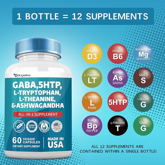 GABA 750mg 5 HTP 200mg L 500mg L 200mg Ashwagandha 3000mg SAM-e 60 Capsules