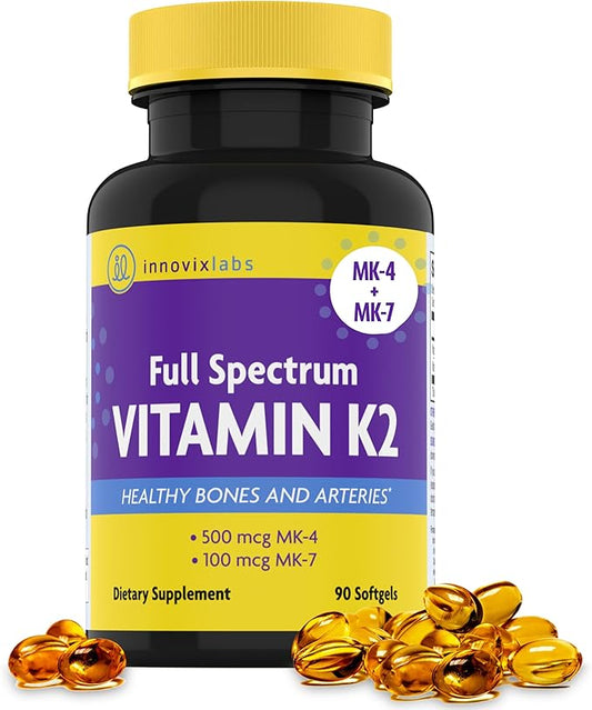 InnovixLabs Full Spectrum Vitamin K2 MK-7-90 Capsules K2 Vitamin MK7 & MK4-600 mcg K-2 Vitamins