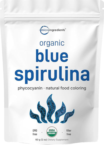 Organic Blue Spirulina Powder (Phycocyanin Extract), 60 Servings - No Fishy Smell, 100% Vegan Protein from Blue-Green Algae, Natural Luminous Food Coloring for Smoothies, Baking, Drinks & Cooking