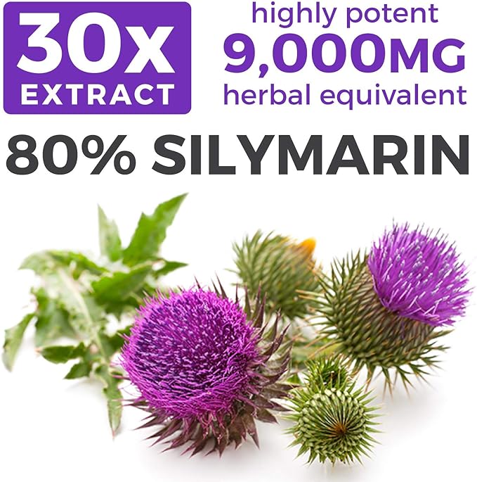 USDA Organic Milk Thistle Capsules 80% Silymarin 300mg of 30:1 Milk 9,000mg - 60 Day