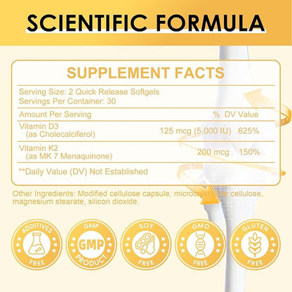 Vitamin D3 K2 Supplement with Vitamin D3 5000 IU, 200 mcg Vitamin K2 MK-7 & Natural Coconut Oil, Plant Based 2-1 Formula for Bone, Teeth, Muscle and Immune Health Support,60 Softgel Capsules, Apple