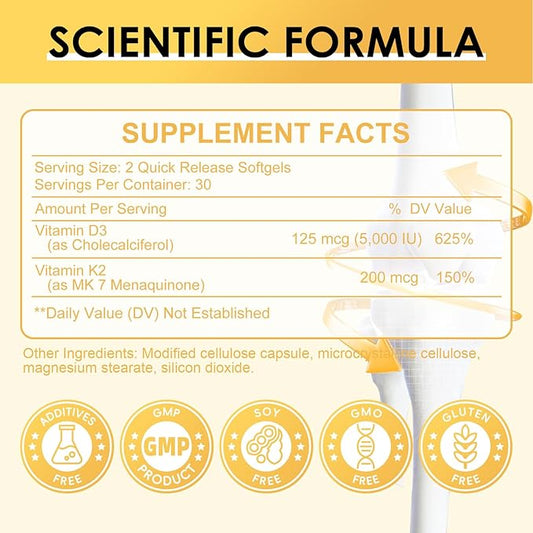 Vitamin D3 K2 Supplement with Vitamin D3 5000 IU, 200 mcg Vitamin K2 MK-7 & Natural Coconut Oil, Plant Based 2-1 Formula for Bone, Teeth, Muscle and Immune Health Support,60 Softgel Capsules, Apple