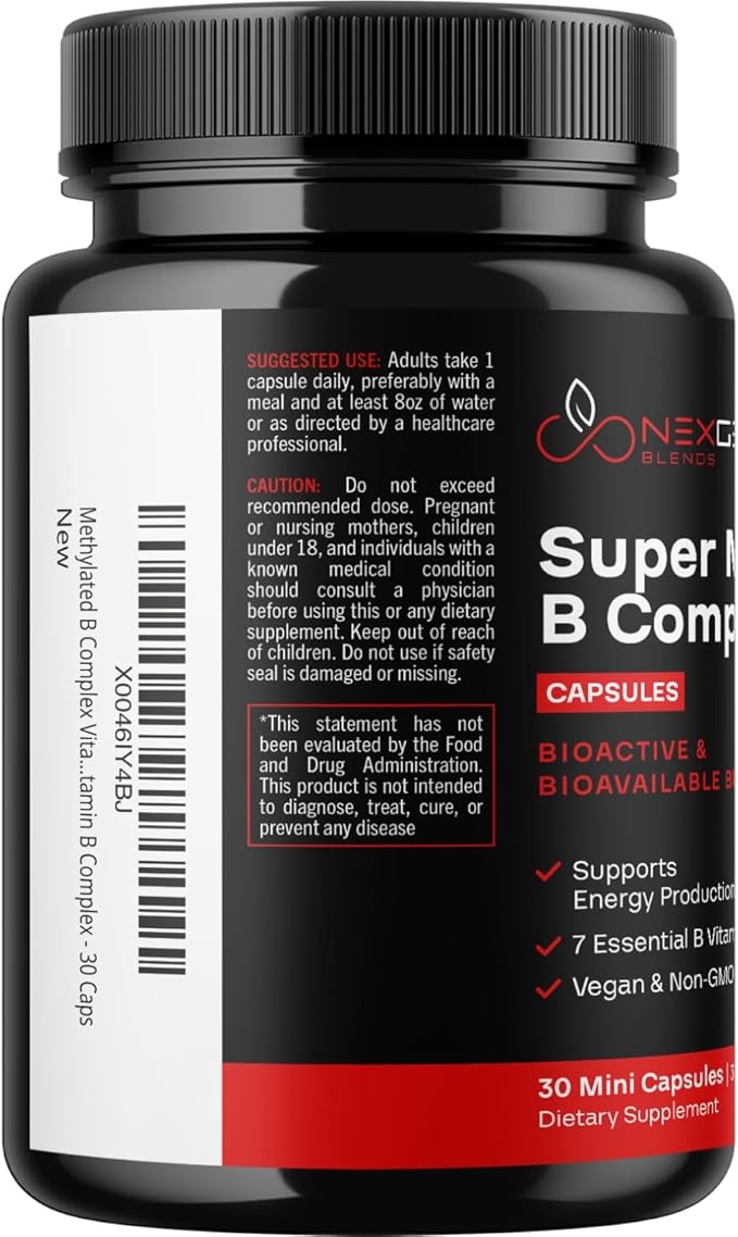 Methylated B Complex Vitamin Supplement 5-MTHF Methyl B12 Methylcobalamin (30 count)