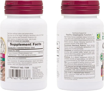 NaturesPlus Herbal Actives Korean Ginseng, Extended Release 1000 mg, 30 Vegan 30 Servings
