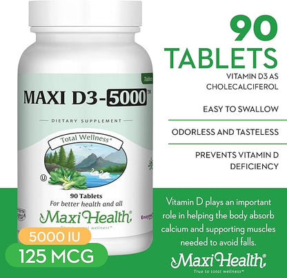 Maxi Health Vitamin D3 5000 IU (125 mcg) 5000 IU D3 (90 (90 Tablets)