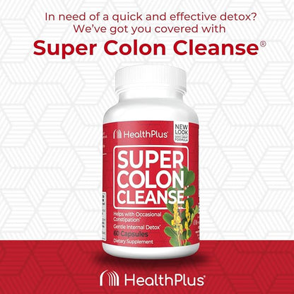 Health Plus Super Colon Cleanse 10 Day Gentle Gut Cleanse Detox, Psyllium Husk, Probiotics for Constipation Relief & Digestive Support, 60 Capsules