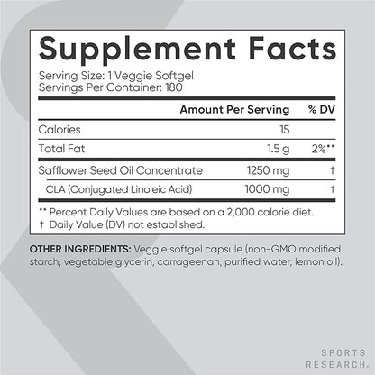 Sports Research Vegan CLA - 1250mg with Active Conjugated Linoleic Acid for Men & Women | Non-GMO, Soy & Gluten Free - 80% (180 Softgels)