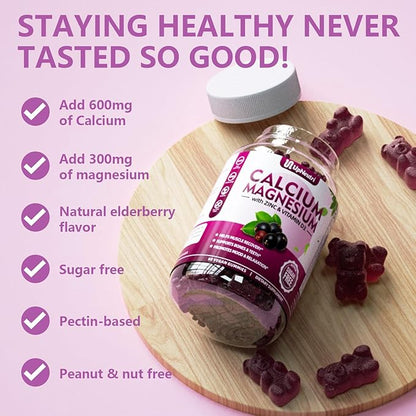 Calcium Magnesium Zinc with Vitamin D3 Supplement, Sugar Free Calcium Gummies for Women Men, High Absorption Zinc Gummies for Bone & Muscle & Immune Health, Vegan Elderberry Flavor - 60 Count