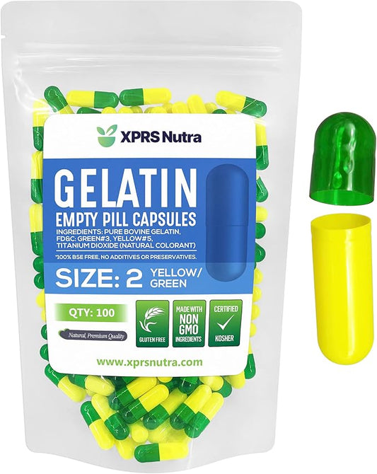 XPRS Nutra Size 2 Empty Capsules - 100 Count Empty Gelatin Capsules - Empty Pill Capsules - DIY Capsule Filling - Pure Bovine Pill Capsules Empty Gel Caps (Green/Yellow)