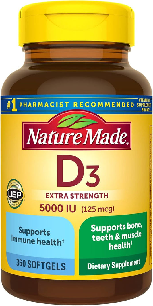 Nature Made Extra Strength Vitamin D3 5000 IU (125 mcg), 360 Softgels, 360 Day