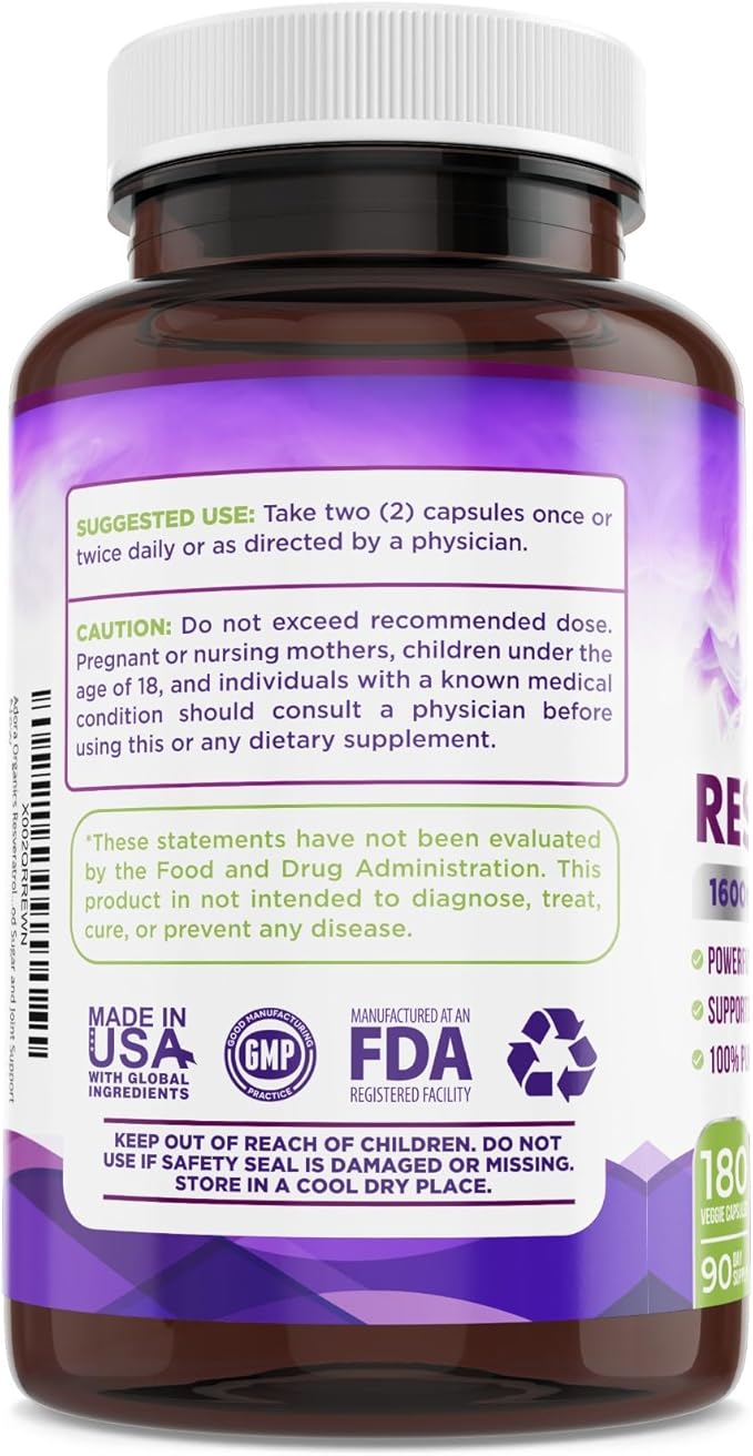 Resveratrol 1600mg, Trans-Resveratrol Antioxidant Supplement 180 Capsules