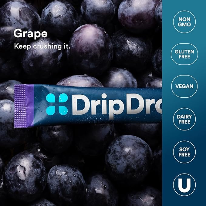 DripDrop Hydration - Grape - Electrolyte Drink Mix Single Serve Powder Packets | Non-GMO, Gluten Free, Vegan | 32 Sticks