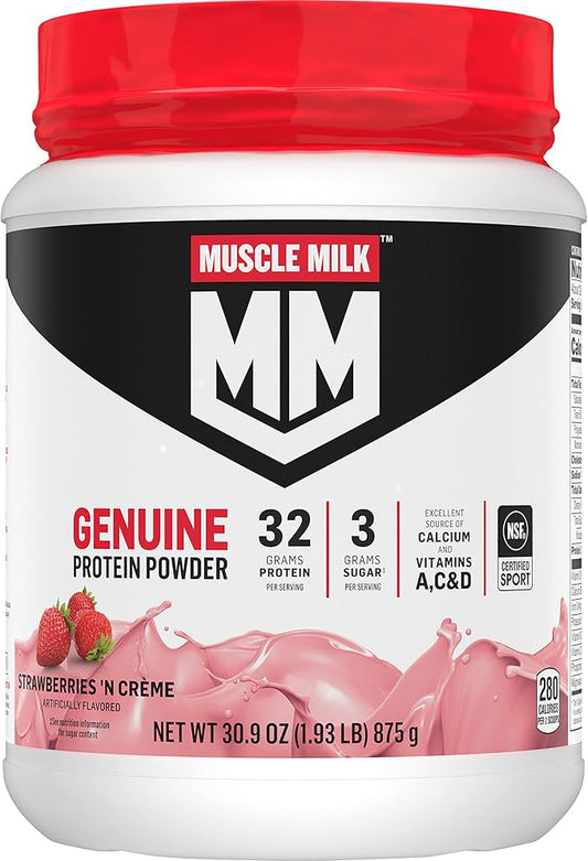 Muscle Milk Genuine Protein Powder, Strawberries 1.93 Pounds, 12 Servings, 32g Protein, 3g Sugar,