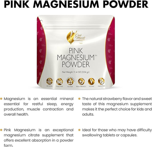 Coco March Pink Magnesium Powder - Promotes Sleep, Relaxation and Healthy Brain Function, Strawberry Flavor - Free from: Gluten, Dairy, GMOs, Soy, Vegan, Keto Friendly - 45 Day Supply