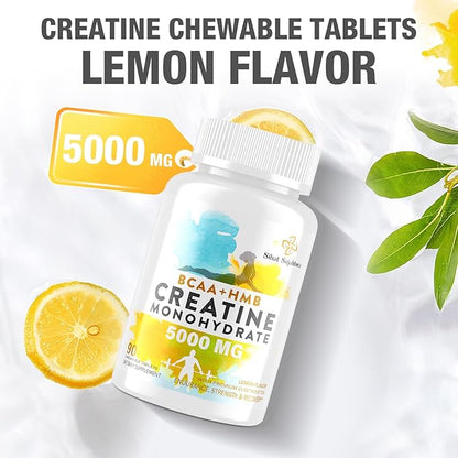 8-in-1 Creatine Monohydrate with BCAA & HMB, 5000 mg for Men & Women, Creatine Chews for Muscle, Recovery, Endurance & Strength, High Absorption, Lemon Flavor, Sugar-Free, 90 Tablets