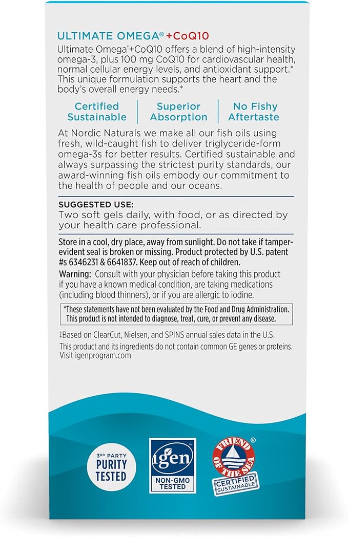 Nordic Naturals Ultimate Omega + CoQ10, Lemon 90 Soft 1280 mg Omega-3 + 100 mg CoQ10 - 45 Servings
