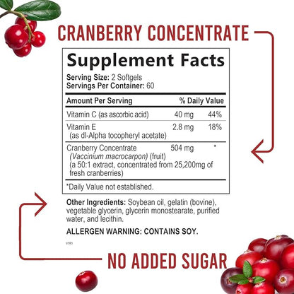 Cranberry Concentrate Extract Supplement for Women 25,200mg Formula 120 Softgels