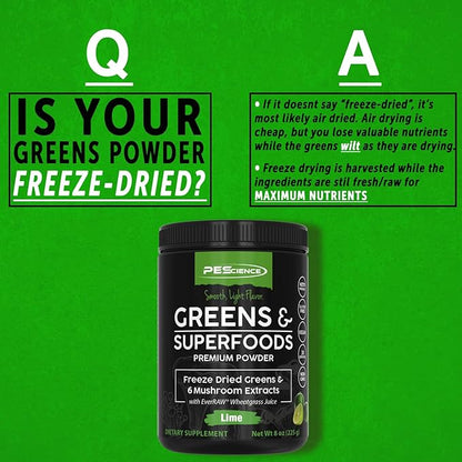 PEScience Greens & Superfoods Powder, Lime Flavor, 30 Servings, Natural Chlorophyll with Turkey Tail Mushroom & Fruit Extracts Blend
