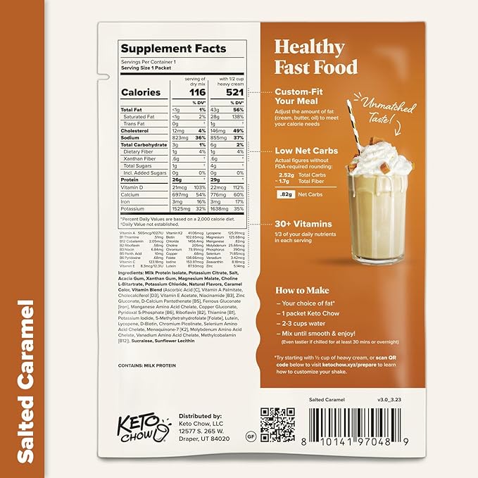 Keto Chow Salted Caramel | Keto Meal Replacement Shake | Nutritionally Complete | Low Carb | Delicious Easy Meal Substitute | You Choose The Fat | 21 Meal Bulk Pack