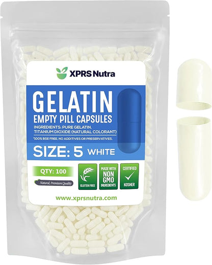 XPRS Nutra Size 5 Empty Capsules - 100 Count Very Small Empty Gelatin Capsules - Empty Pill Capsules for DIY Capsule Filling - Fillable Pill Capsules Empty Gel Caps (White)