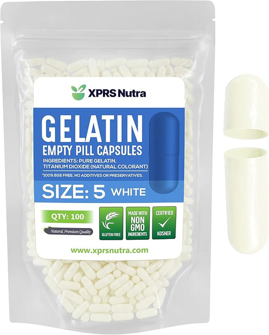 XPRS Nutra Size 5 Empty Capsules - 100 Count Very Small Empty Gelatin Capsules - Empty Pill Capsules for DIY Capsule Filling - Fillable Pill Capsules Empty Gel Caps (White)
