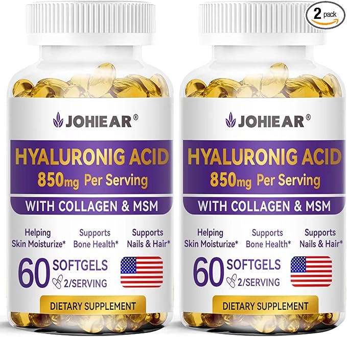 Hyaluronic Acid Supplements, 850mg High Bioavailable Dietary Hyaluronic Acid Capsules, Double Strength Skin Hydration, Joint Lubrication, Eye Health, Hair & Nails Growth Support, 60 Softgels, 2 Pack