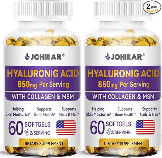 Hyaluronic Acid Supplements, 850mg High Bioavailable Dietary Hyaluronic Acid Capsules, Double Strength Skin Hydration, Joint Lubrication, Eye Health, Hair & Nails Growth Support, 60 Softgels, 2 Pack