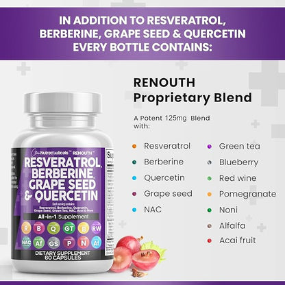 Resveratrol 6000mg Berberine 3000mg Grape Seed 3000mg Quercetin 4000mg Green 60 Capsules