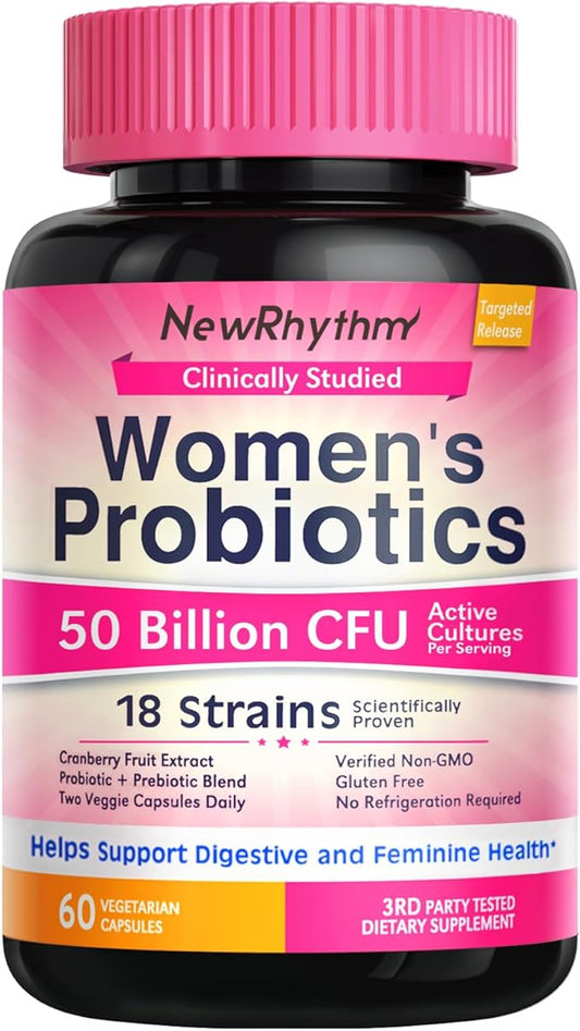 NewRhythm Women's Probiotics, Organic Cranberry 50 Billion 18 Strains, 60 Vegan