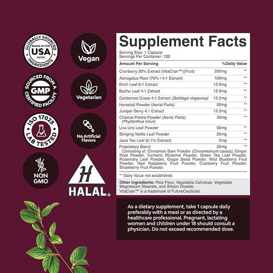 Kidney Support Cranberry Supplement for Women and Men - High Strength Kidney Cleanse and Detox with Stinging Nettle Uva Ursi and Astragalus for Kidney and Bladder Health - Non-GMO Halal and Vegan