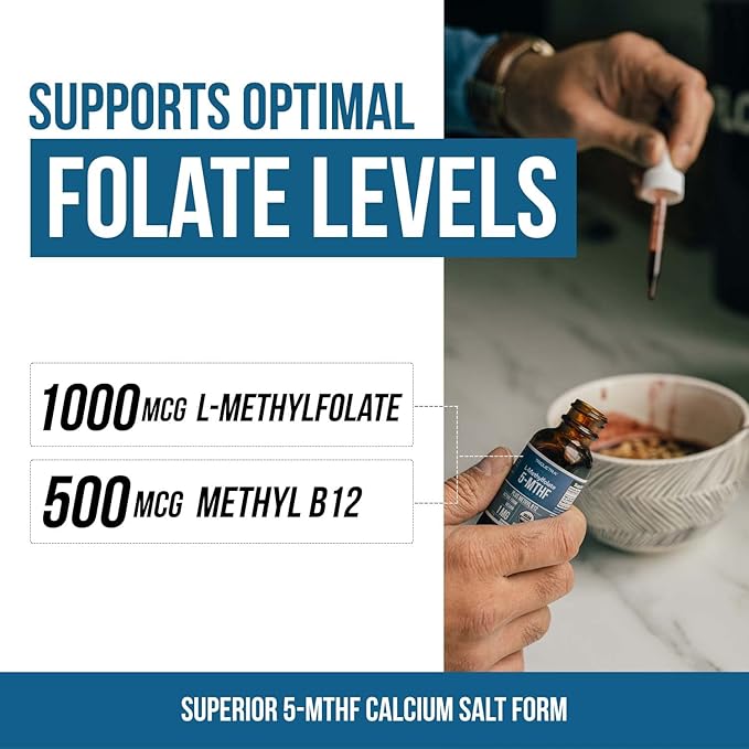 Organic Methyl Folate 1000 mcg + B12 Cofactor (300 Servings) 5-MTHF Form, (1oz)