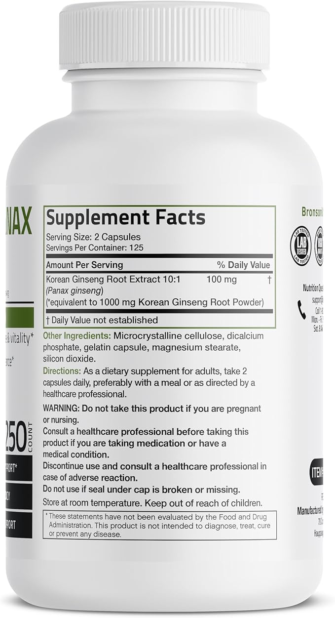 Bronson Korean Panax Ginseng Supports Energy, 250 Capsules