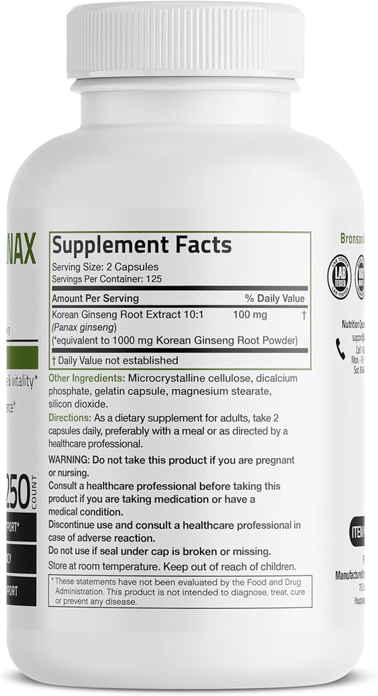 Bronson Korean Panax Ginseng Supports Energy, 250 Capsules