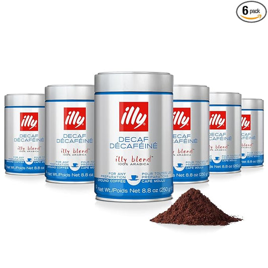 illy Ground Coffee Espresso - 100% Arabica Coffee Ground – Classico Decaf Roast - Notes of Caramel, Toasted Bread & Chocolate - Rich Aromatic Profile - No Preservatives – 8.8 Ounce, 6 Pack