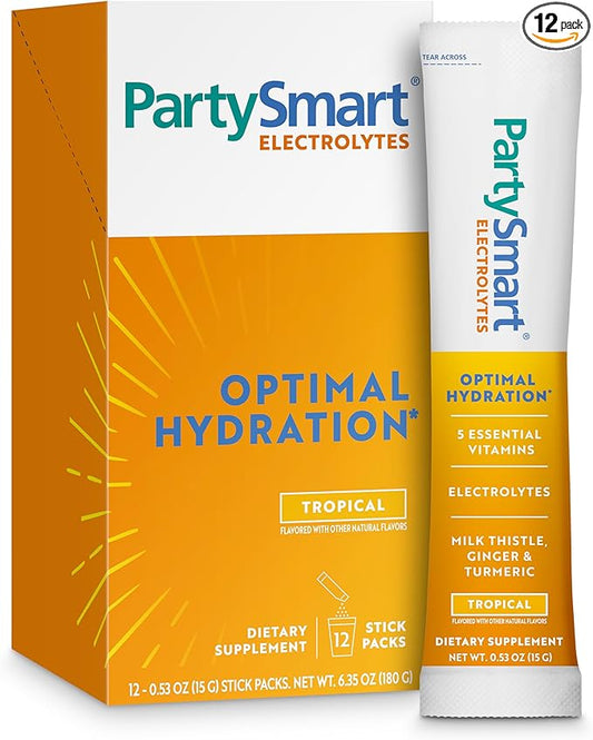 Himalaya PartySmart Tropical Electrolytes Powder Packets, 12 Count, Supports Hydration, Rehydrate with Sodium & Potassium, Vitamin C & More, Antioxidant Recovery Blend Milk Thistle, Ginger & Turmeric
