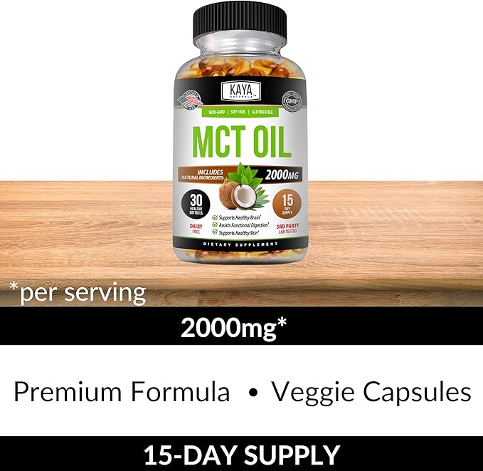 Kaya Naturals MCT Oil 2000mg - Non-GMO, Soy-Free, Gluten-Free - Brain, Digestive & Skin Health - 30 Softgels
