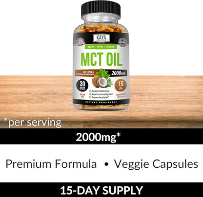 Kaya Naturals MCT Oil 2000mg - Non-GMO, Soy-Free, Gluten-Free - Brain, Digestive & Skin Health - 30 Softgels