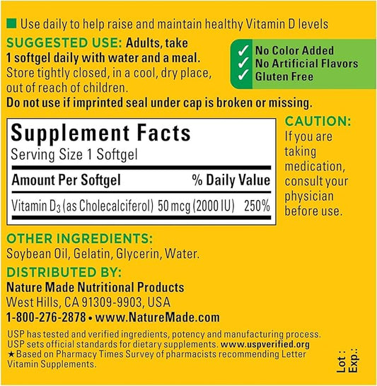 Nature Made Vitamin D3 2000 IU Liquid Softgels 90 ea (Pack of 2)