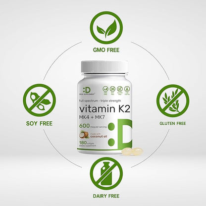 Vitamin K2 Supplement 600mcg, 180 Virgin Coconut Oil Softgels (6 Month Supply) – Full Spectrum MK-7 & MK-4 Forms, High Absorption, Triple Strength K Vitamins – Bone, Joint, & Immune Support – Non-GMO