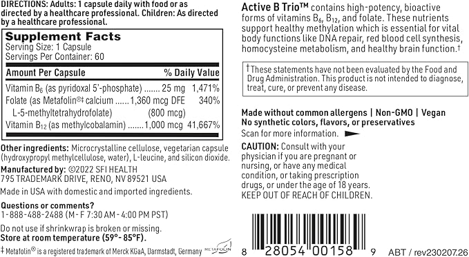 Klaire Labs Active B Trio B12 Supplement B6 & (60 Capsules)