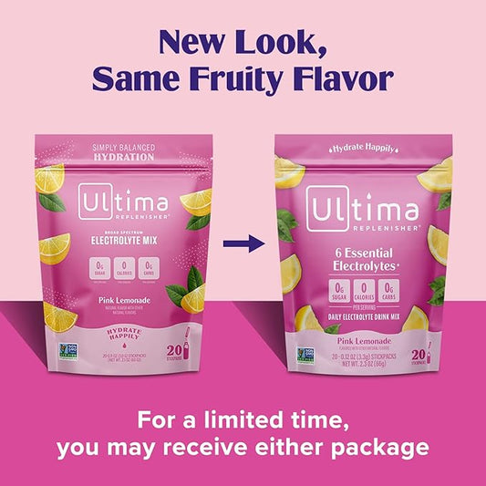 Ultima Replenisher Daily Electrolyte Powder Drink Mix – Pink Lemonade, 20 Stickpacks – Hydration Packets with 6 Electrolytes and Trace Minerals – Keto Friendly, Vegan, Non-GMO and Sugar-Free
