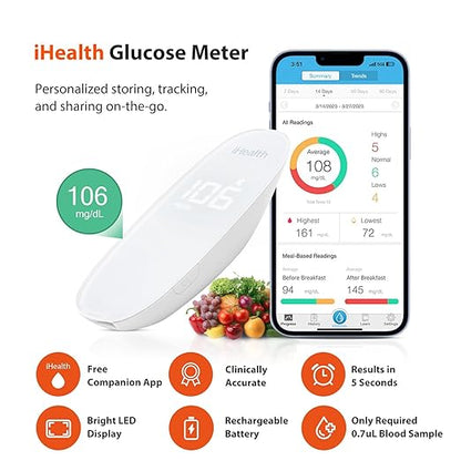 iHealth Gluco+ Wireless Smart Blood Glucose 10 Glucometer 10 Lancets, 1 Blood 1 Lancing