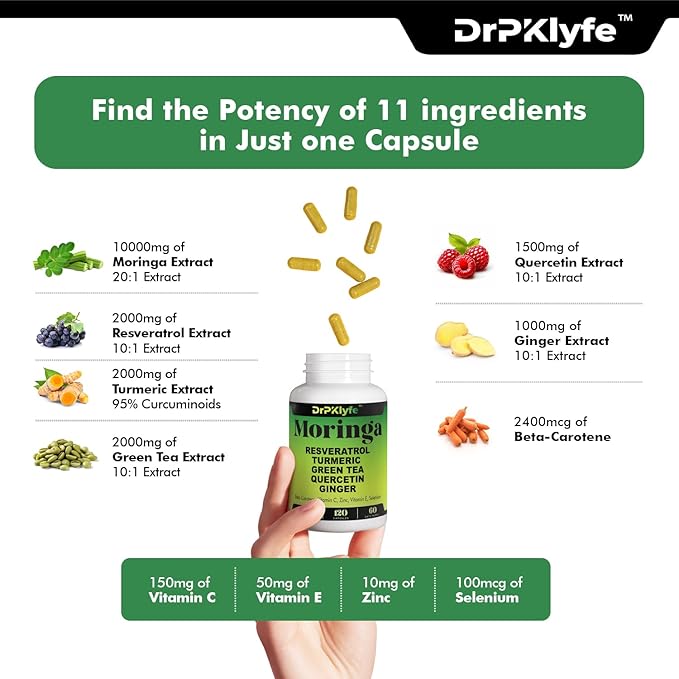 Moringa, Resveratrol, Turmeric,Green Tea, Quercetin and 1562 mg