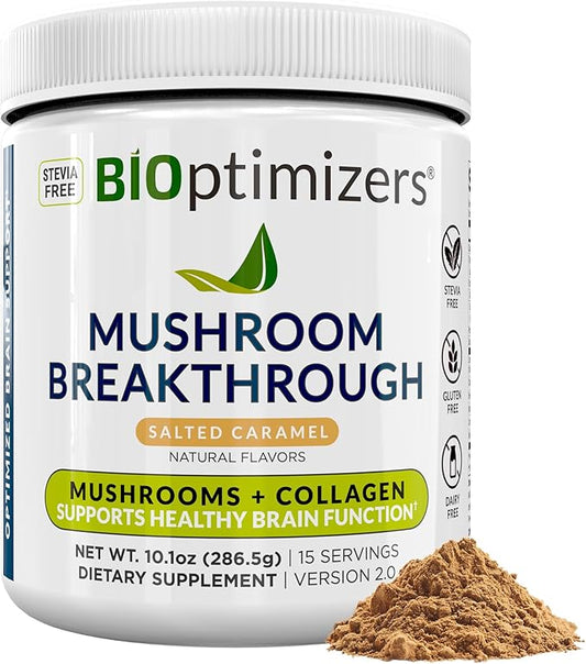 BiOptimizers Mushroom Coffee Alternative – Salted Caramel Drink – Lion’s Mane, Chaga, Reishi + Collagen Peptides for Focus, Energy & Gut Health – Adaptogenic Mushrooms & MCT Powder – 15 Servings