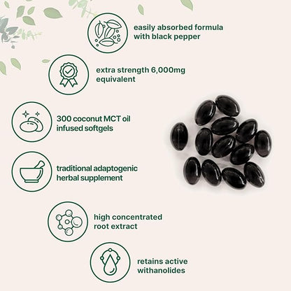 Ashwagandha Supplements 6,000mg Per Serving | 300 Coconut MCT Oil Softgels with Black Pepper for Better Absorption | Potent Root Extract | Natural Herbal Support for Relaxation | Non-GMO