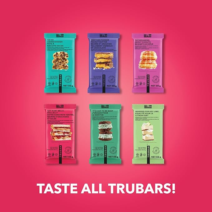 TRUBAR Vegan Protein Bar, Get In My Belly Pb & Jelly, Gluten Free, Plant Based, High Fiber, Dairy Free, Low Fat, Non GMO, No Sugar Alcohols, 12G Lean Protein, 13G Fiber, Healthy Snack Bars, 12 CT
