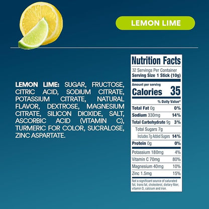 DripDrop Hydration - Lemon Lime - Electrolyte Drink Mix Single Serve Powder Packets | Non-GMO, Gluten Free, Vegan | 32 Sticks